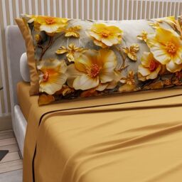 PETTI Artigiani Italiani - Cotton Sheets with Pillowcases in Digital Print, French Queen, Complete Top and Bottom Sheet with Corners, Floral 06 17 Ochre Yellow, 100% Made in Italy