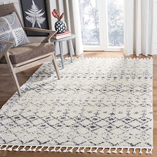 SAFAVIEH Shag Rug for Living Room, Dining Room, Bedroom - Berber Fringe Shag Collection, Short Pile, in Cream and Dark Grey, 160 X 229 cm