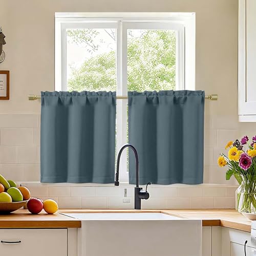 "Simplebrand Short Stone Blue Cafe Curtains Tier 24 Inch Length 2 Panels Set, Modern Solid Blackout Small Window Cafe Curtains for Bathroom Basement, Cabinet, Camper, Stone Blue, Each 30""Wx24""L Inches"