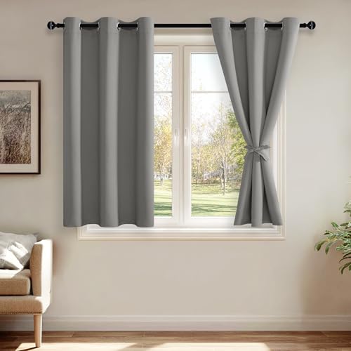 JIUZHEN Blackout Curtains with Tiebacks - Thermal Insulated, Light Blocking and Noise Reducing Grommet Curtain Drapes for Bedroom and Living Room, Set of 2 Panels, 38 x 45 Inch Length, Light Grey