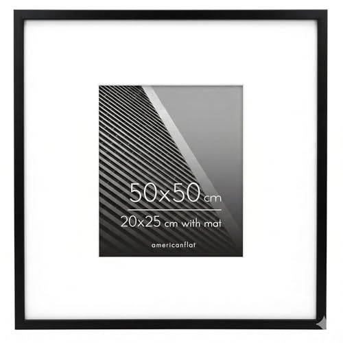 Americanflat 50x50 cm Picture Frame with Polished Plexi Cover - Use as 20x25 cm Wall Photo Frame with Mount or Display 50x50 cm Photo without Mount - Streamline Collection - Black