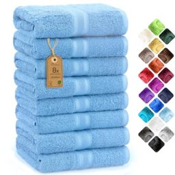 NatureMark 8 Hand Towels Set - 100% Cotton - Soft and Absorbent Bathroom Towels, Durable and Comfortable, Size 50 x 100 cm, Light Blue