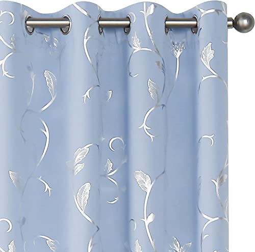 BUHUA Blue Blackout Curtain 2 Panel Set Vine Foil Print Thermal Insulated Drapes Room Darkening Curtains Grommet Window Treatment, 38 x 72 Inch, Light Blue