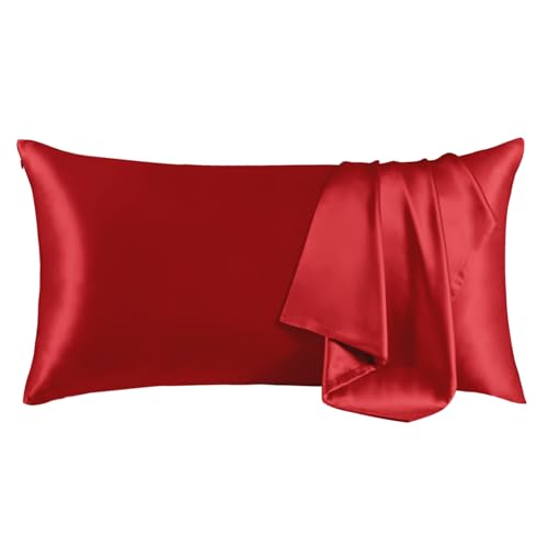 "THXSILK 100% Pure Mulberry Silk Pillowcase for Hair and Skin - Upgraded Real Grade 6A+ Mulberry Silk - Durable, Soft & Anti-Aging Silk Pillow Case with Zipper(California King Size 20""x40"", Red)"