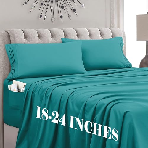 Mocassi Cal King Size 4-Piece Bed Sheet Set - 1800 Premium Hotel Quality Microfiber 18-24 Inches Extra Deep Pocket Fitted Sheet- Luxury Soft, Breathable, Wrinkle, and Fade Resistant, Teal