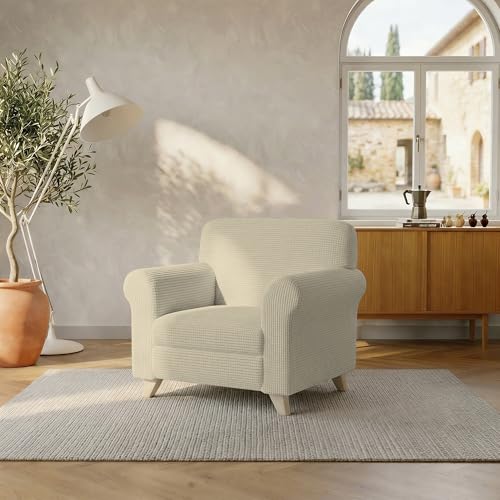 Italian Bed Linen LESLIE Elastic and Extendable Sofa Cover, Cream 1 Seater