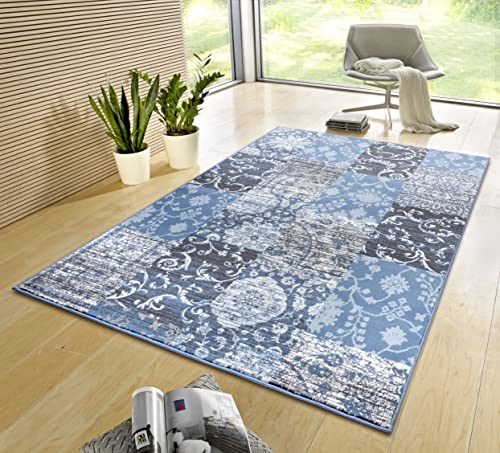 HANSE Home Gloria Rug 80 x 150 cm - Living Room Rug Multicoloured Modern Velour Rug Bedroom Rug for Hallway, Dining Room, Bedroom, Children's Room, Living Room, Kitchen - Sky Blue