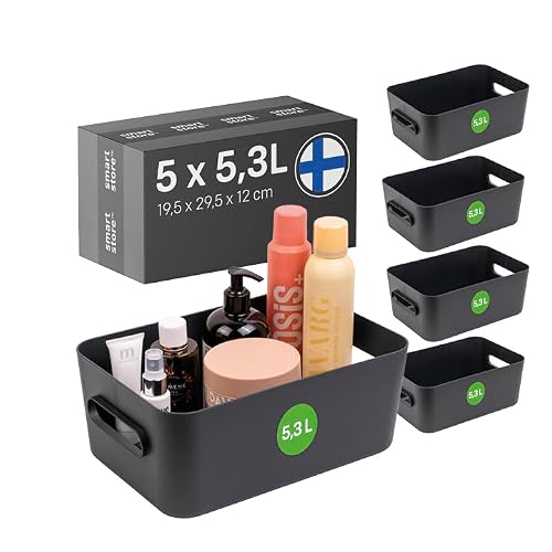 SmartStore Storage Boxes 5x 5.3L small blue - 29.5x19.5x12cm - Plastic organiser basket with handles from 95 % recycled material, box and containers for cupboard, drawers and shelves
