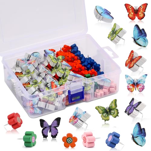 80 Pcs Push Pins for Cork Board, Decorative Thumb Tacks Wooden Push Pins Head Pin Wood Map Tacks Pin, Wood Thumb Tacks for Bulletin Boards Craft Projects with Storage Box-Flower and Butterfly