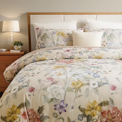 Cozaline 100% Cotton Duvet Cover King Size ??? Blooming Garden Duvet Cover Set with Zipper Closure & Corner Ties, 3-Piece Silky Soft & Breathable Pastel Floral Bedding Set for All Seasons