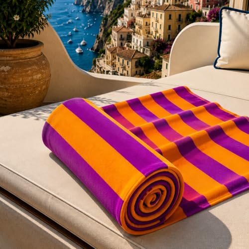 PETTI Artigiani Italiani - Microfibre Beach Towel, Beach or Pool Towel, Beach Towel, Large 90 x 180 cm, Plum Orange Stripes