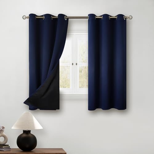BGment Thermal Insulated 100% Blackout Curtains for Bedroom with Black Liner, Double Layer Full Room Darkening Noise Reducing Grommet Curtain (42 x 54 Inch, Navy Blue, 2 Panels)