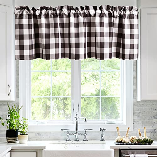 Hiasan Buffalo Plaid Kitchen Curtains Valances for Windows - Semi Sheer Checkered Rod Pocket Valance for Living Room, Farmhouse, Bedroom, 42 x 18 Inches Length, Coffee and White, 1 Panel