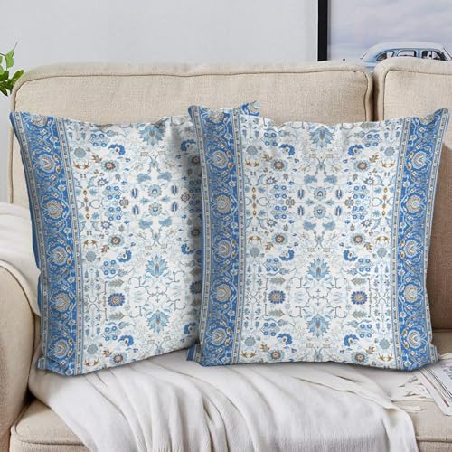 BUAEL Boho Floral Throw Pillow Covers 18x18 inch Set of 2,Blue Boho Rug Geometric Floral Pattern Decor Double Sided Pattern Cushion Cover Soft Pillow Case Living Sofa Room Bed Square Pillow Cover