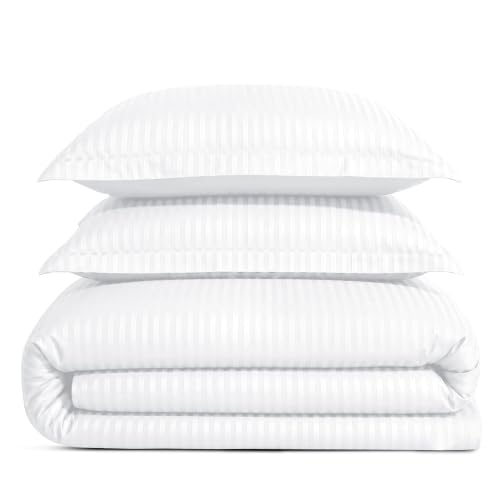 Feather & Stitch Queen Size Duvet Cover Set, 500 Thread Count Damask Stripe 3 Piece Full Size Duvet Insert Cover Set, 100% Pure Cotton Comforter Cover, 2 Pillow Shams, Zipper Closure - White