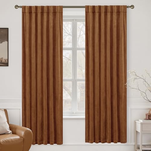 LAMIT 80 Inches Velvet Panels for Living Room, Golden Brown Mid Century Thermal Blackout Curtains Room Darkening Back Tab and Rod Pocket Panels for French Country, 2 Panels, 52 x 80 Inch