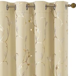 BUHUA Blackout Curtains Gold Foil Print Flower Vine Grommet Drapes, Room Darkening Thermal Insulated Curtains, Noise Reducing Blackout Curtain for Bedroom, Beige, 52Wx84L, 2 Panels