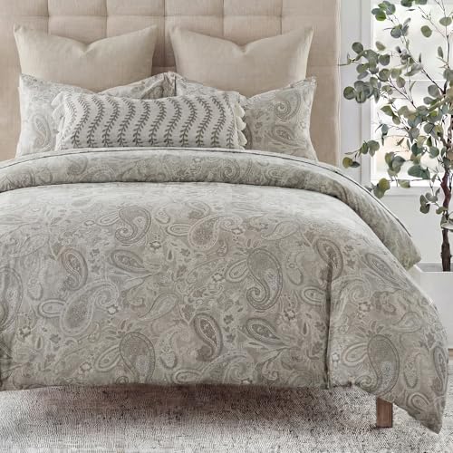 MOVE OVER 100% Cotton Duvet Cover Set King Size, Boho Paisley Bedding Set with Zipper Closure & Corner Ties, Soft Breathable Khaki Paisley Floral Duvet Cover for All Seasons
