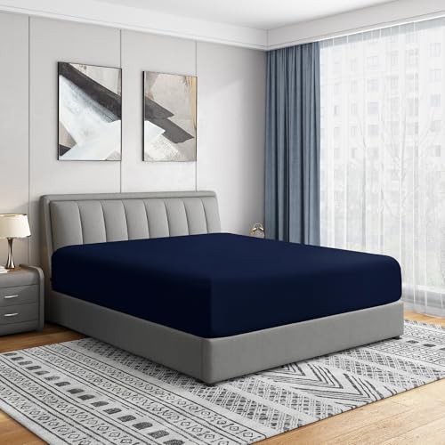 "Cathay Home Queen Fitted Sheet - Double Brushed Ultra Soft ??? Wrinkle & Fade Resistant - 16"" Deep Pocket Fitted Sheet Only - Good Fit for 14""-18"" Deep Mattress (Queen, Navy)"