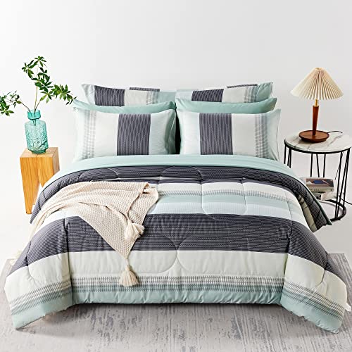 RYNGHIPY Sage Green Striped Comforter Set, Geometric Lightweight Soft Bedding Set, All Season Down Alternative Men Boy Comforter with Sheets Pillowcses (Full,Sage Green)