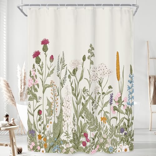 Riyidecor 54Wx78H Inch Fabric Wildflower Floral Flower Shower Curtain for Bathroom Decor Green Leaves Botanical Decorative Bath Set Plant Herbs Bathroom Accessories Polyester Waterproof 12 Pack Hooks