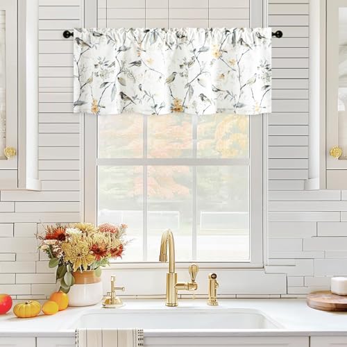 VOGOL Linen Textured Valance for Living Room, Short Grey Birds Pattern Curtain Panels for Bathroom, Easy Care Thick Fabric Valances for Dorm Room, 60Wx18L, 1 Panel