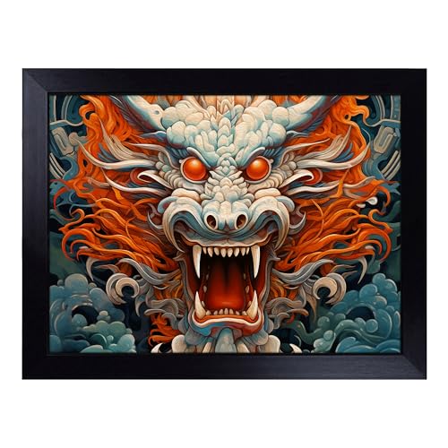 Lap Tray with Bean Bag Cushion, Chinese Dragon Geometric Art - Handmade in the UK, Raised Wooden Edge, Padded Cushion, Heat-Resistant Wipe-Clean Surface, for Meals, Laptops and Crafts