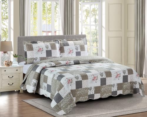 "Brilliant Sunshine Pink Roses & Grey Toile Quilt, King Size - Soft Reversible Bedspread, Lightweight Coverlet with Shams, Washable Bedding Set, All Seasons, 108""x90""+2 20""x36"""