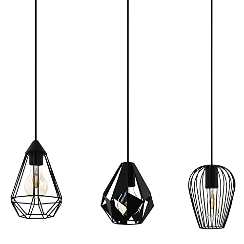 EGLO Pendant Lighting Distaff, 3 Lamp Ceiling Light Fixture for Dining and Living Rooms, Hanging Light Made of Black Metal, E27 Socket, 90 cm