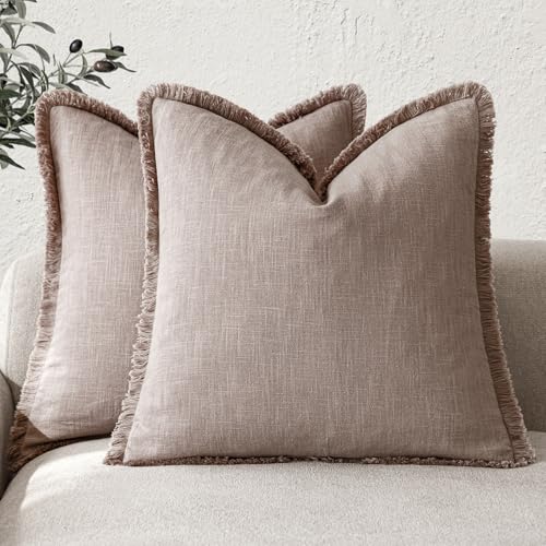 Foindtower Set of 2 Decorative Linen Fringe Throw Pillow Covers Boho Farmhouse Cushion Cover with Tassels Soft Accent Pillowcase for Couch Sofa Bed Living Room Home Decor,16??16 Inch,Dusty Pink