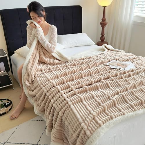 UKELER Sherpa Throw Blanket 60 ?? 80 inch, 470 GSM Striped Sherpa Fleece Blanket for All Season, Warm and Cozy Blanket for Couch Sofa Bed Office Camping, Camel