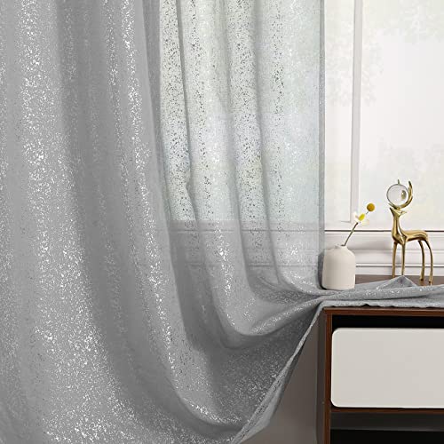TERLYTEX Silver Sheer Curtains 90 Inches Long for Living Room 2 Panels, Light Filtering Metallic Silver Curtains for Bedroom, Rod Pocket Privacy Shimmer Curtain Drapes, 52 x 90 Inch, Silver Grey