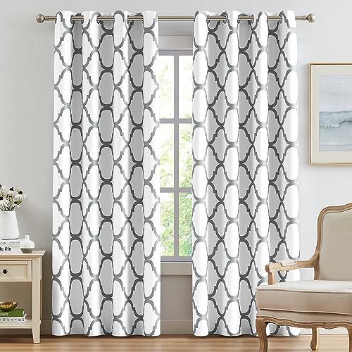 Melodieux Moroccan Printed Room Darkening Blackout Grommet Curtains for Living Room Bedroom, 52 by 96 Inch, Off White/Grey (2 Panels)
