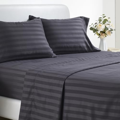 SLEEP ZONE Striped Bed Sheet Sets 120gsm Luxury Microfiber Temperature Regulation Sheets Soft Wrinkle Free Fade Resistant Easy Care (Black, Queen)