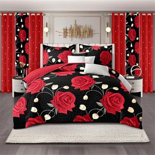 9 Pieces Bedspread Bedding Set with Matching Curtains,Cal King Size,Black Floral Pattern,Coverlet Quilted Bed Throw,Bedcover,Machine Washable,Gift for Wedding and Fastival