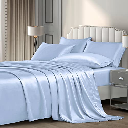 Pothuiny 6-Piece Full Satin Sheets Luxury Silky Baby Blue Satin Bedding Sheet Set, 1 Deep Pocket Fitted Sheet + 1 Flat Sheet + 4 Pillow Cases