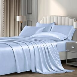 Pothuiny 6-Piece Full Satin Sheets Luxury Silky Baby Blue Satin Bedding Sheet Set, 1 Deep Pocket Fitted Sheet + 1 Flat Sheet + 4 Pillow Cases