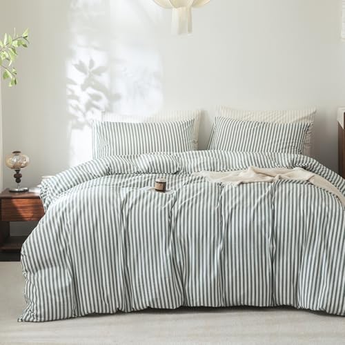 FOSSA Striped Duvet Cover Set 100% Washed Cotton Linen Feel Queen - Super Soft Breathable Lightweight & All Season Bedding Set with Hidden Zipper & 8 Corner Ties (Heathered Green)