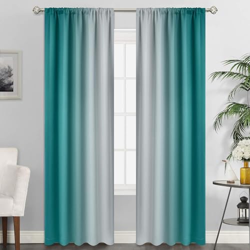 SimpleHome Teal Ombre Rod Pocket Curtains for Bedroom,52Wx90L - Room Darkening Curtains for Bedroom,Gradient Light Blocking Curtain,Thermal Insulated Window Drapes,2 Panels,84 Inch
