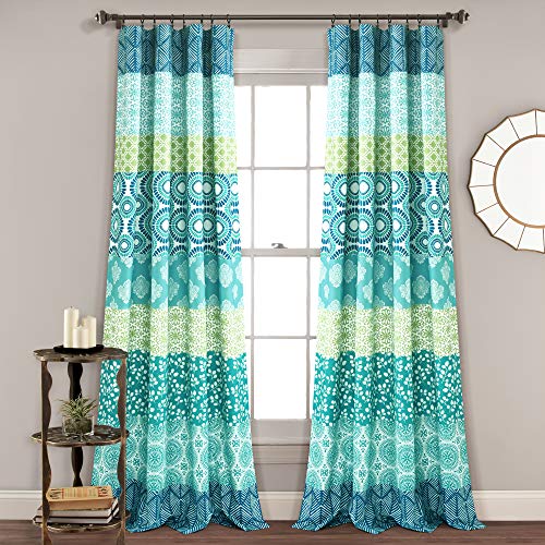 "Lush Decor Bohemian Stripe Window Curtain Colorful Bold Design Panel Pair, 52"" W x 95"" L, Blue & Green"