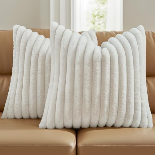 FUTEI Cream White Striped Decorative Throw Pillow Covers 20x20 Inch Set of 2,Square Fall Decorations Couch Pillow Case,Soft Cozy Faux Rabbit Fur & Velvet Back,Modern Home Decor for Bed