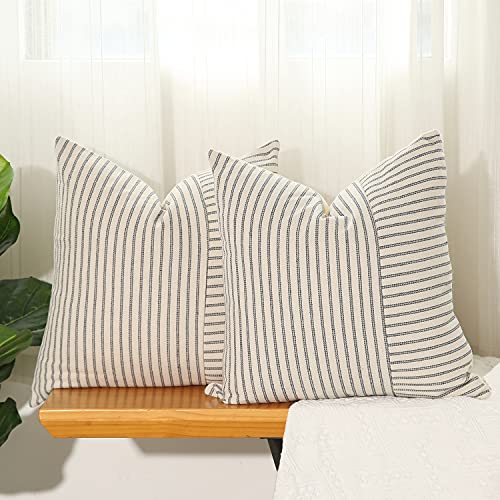 "Hckot Grey and Beige Patchwork Farmhouse Throw Pillow Covers 20 x 20 Inch, Pack of 2 Striped Linen Decorative Pillow Case for Sofa Couch Chair Bedroom Modern Decor (20"" x 20"", Grey)"