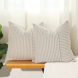 "Hckot Grey and Beige Patchwork Farmhouse Throw Pillow Covers 20 x 20 Inch, Pack of 2 Striped Linen Decorative Pillow Case for Sofa Couch Chair Bedroom Modern Decor (20"" x 20"", Grey)"