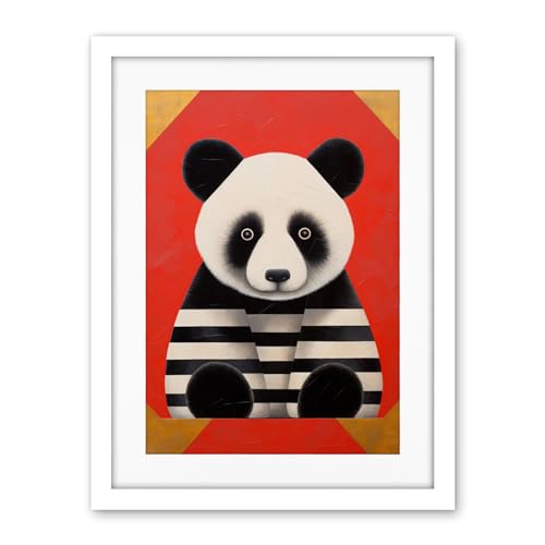 Artery8 Panda with Stripes Fun Kids Bedroom Baby Nursery Bright Bold Artwork Red Black White Artwork Framed Wall Art Print 18X24 Inch
