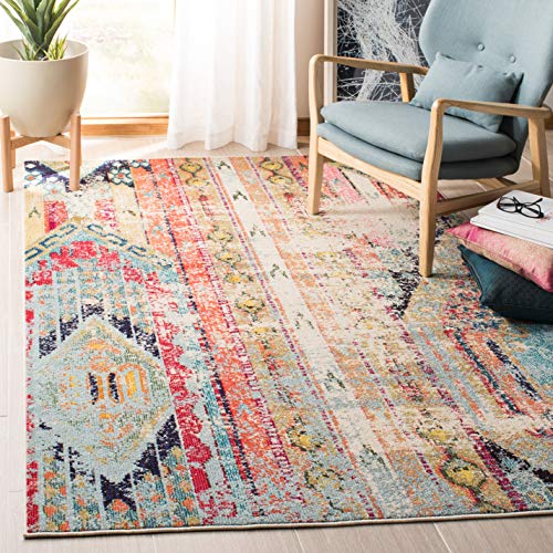 Safavieh Boho Rug for Living Room, Dining Room, Bedroom - Madison Collection, Short Pile, in Blue and Orange, 122 X 122 cm
