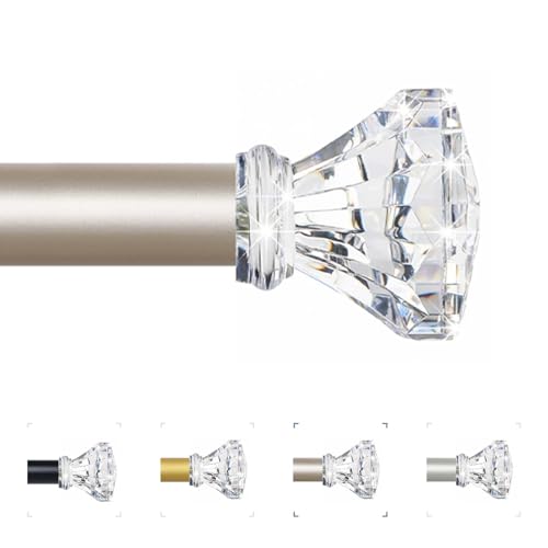 TVWOO Champagne Gold Decorative Crystal Curtain Rods 18 to 45 Inch:Heavy Duty Adjustable Window Curtains Rods for Living Room Bedroom,Modern Girly Acrylic Drapery Rod with Clear Bling Diamond Finials