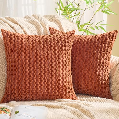 GAWAMAY Decorative Corduroy Throw Pillow Covers 24x24 Rust 2 Pack - Soft Farmhouse Cushion Covers Neutral Pillow Cases for Living Room Couch, Sofa, Bedroom, Only Covers No Inserts