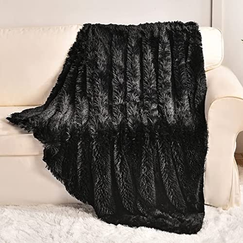 "YUSOKI Fluffy Faux Fur Blanket 50"" x 60"",Washable Warm Furry Soft Throw Blanket for Bed Chair Sofa Car Seat (Black, Throw50 x 60"")"