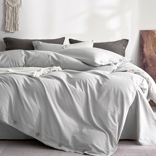 "JELLYMONI 100% Washed Cotton Duvet Cover Full ??? Soft, Breathable Linen-Look Bedding with Natural Wrinkle Texture, Button Closure, 3-Piece Set (Pale Grey, 80""x90"")"