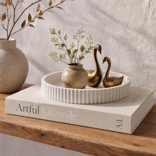Decorative Concrete Tray & Book Decor Set - Scalloped Tray & Linen Box Enhance Your Coffee Table or Bookshelf Decor - Stylish Home Decoration for Your Living or Dining Room & as a Housewarming Gift
